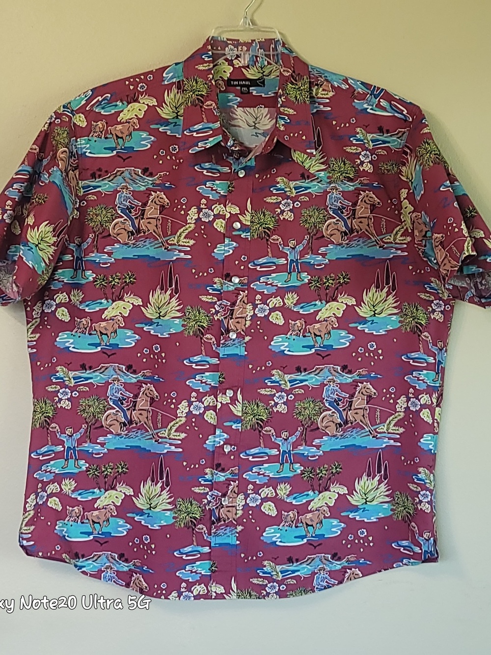 Tin Haul Hawaiian Rodeo Western Shirt 2XL XXL Maroon Pearl Snap Cowboy Scene